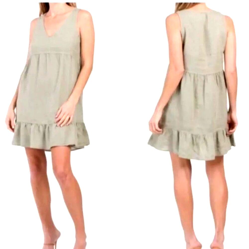 cynthia rowley green 100% Linen Dress lagenlook boho ruffle hem coastal comfy xs